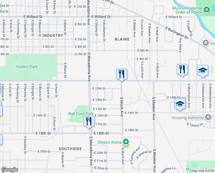 map of restaurants, bars, coffee shops, grocery stores, and more near 1906 East 13th Street in Muncie