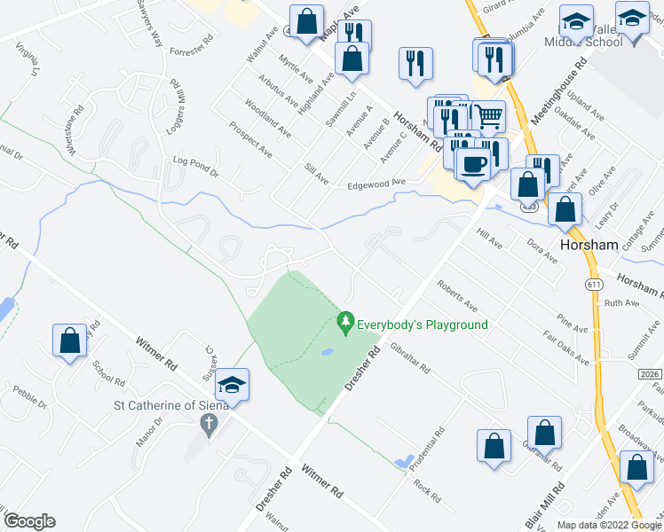 map of restaurants, bars, coffee shops, grocery stores, and more near 317 Sawmill Lane in Horsham