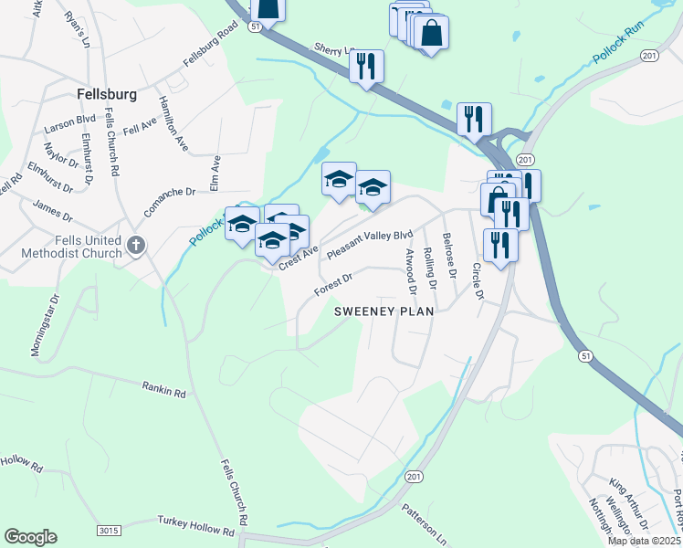 map of restaurants, bars, coffee shops, grocery stores, and more near 332 Forest Drive in Monessen