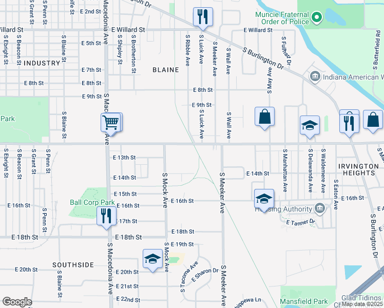 map of restaurants, bars, coffee shops, grocery stores, and more near 2213 East Memorial Drive in Muncie
