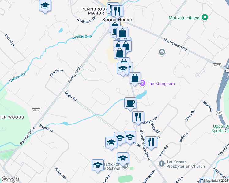 map of restaurants, bars, coffee shops, grocery stores, and more near 724 Locust Lane in Spring House