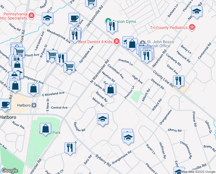 map of restaurants, bars, coffee shops, grocery stores, and more near 410 Exton Road in Hatboro