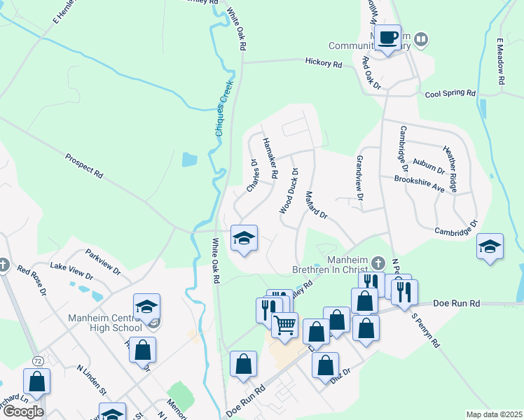 map of restaurants, bars, coffee shops, grocery stores, and more near 629 Hamaker Road in Manheim