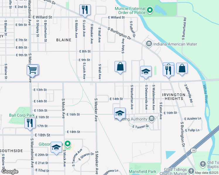 map of restaurants, bars, coffee shops, grocery stores, and more near 2617 E Memorial Dr in Muncie