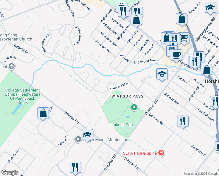 map of restaurants, bars, coffee shops, grocery stores, and more near 91 Black Watch Court in Horsham