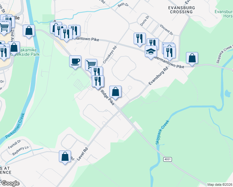 map of restaurants, bars, coffee shops, grocery stores, and more near 3823 Ridge Pike in Collegeville