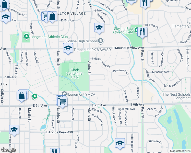 map of restaurants, bars, coffee shops, grocery stores, and more near 404 Verdant Circle in Longmont