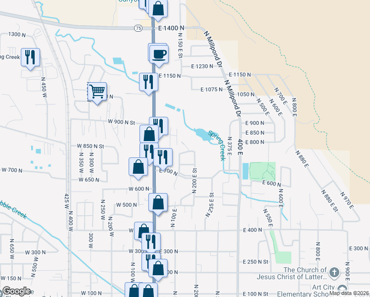 map of restaurants, bars, coffee shops, grocery stores, and more near 178 East 800 North in Springville