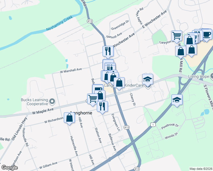 map of restaurants, bars, coffee shops, grocery stores, and more near 194 North Pine Street in Langhorne