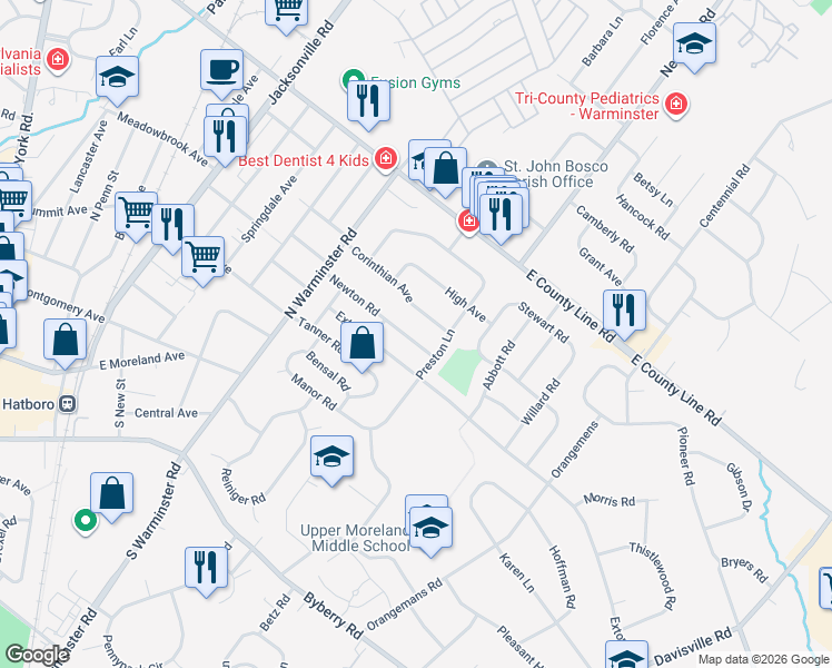 map of restaurants, bars, coffee shops, grocery stores, and more near 432 Newton Road in Hatboro