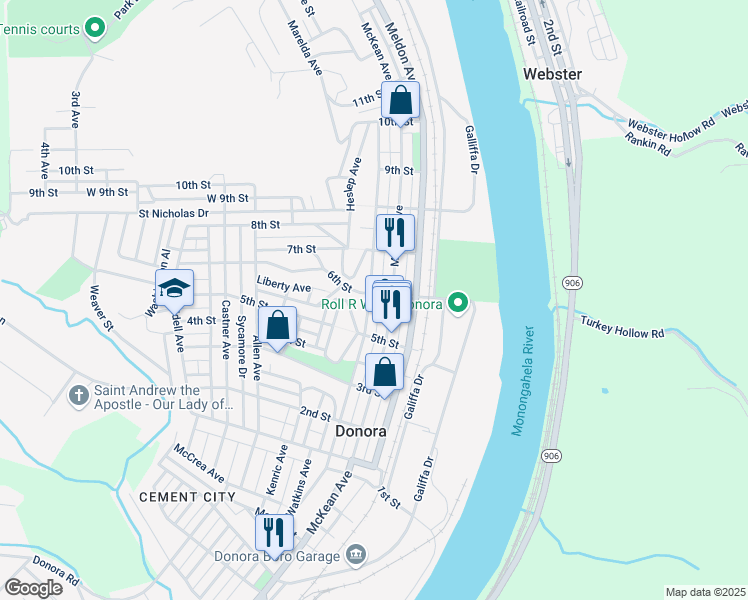 map of restaurants, bars, coffee shops, grocery stores, and more near 572 Thompson Avenue in Donora