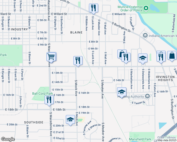 map of restaurants, bars, coffee shops, grocery stores, and more near 2213 East Memorial Drive in Muncie