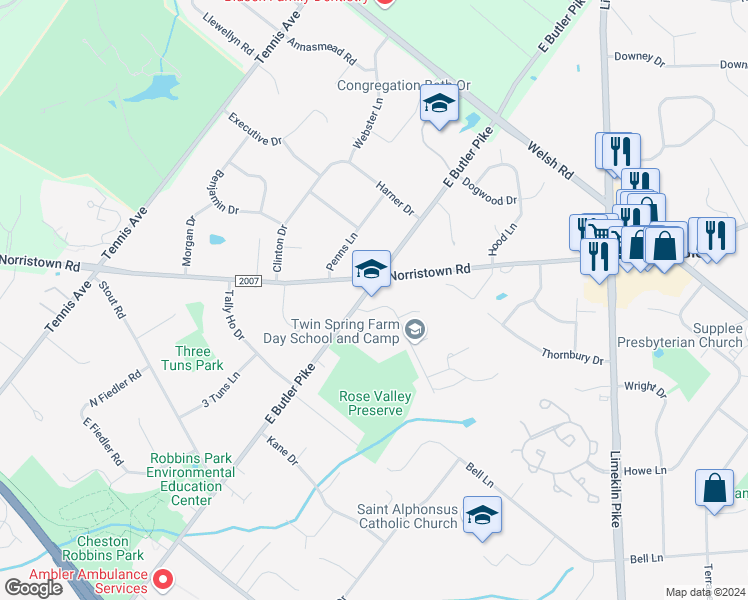 map of restaurants, bars, coffee shops, grocery stores, and more near 1660 East Butler Pike in Ambler