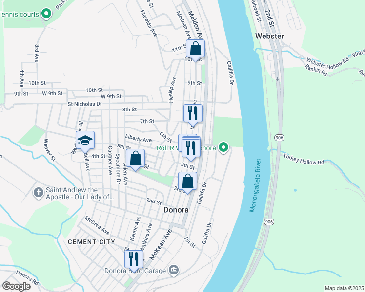 map of restaurants, bars, coffee shops, grocery stores, and more near 572 Thompson Avenue in Donora