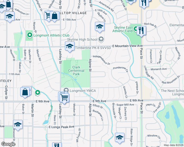 map of restaurants, bars, coffee shops, grocery stores, and more near 404 Verdant Circle in Longmont