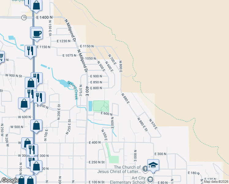 map of restaurants, bars, coffee shops, grocery stores, and more near 782 North 475 East in Springville
