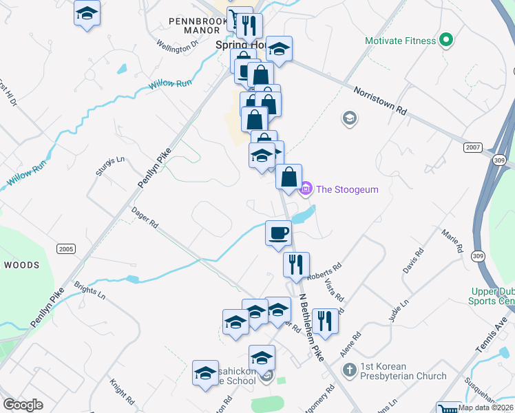 map of restaurants, bars, coffee shops, grocery stores, and more near 804 Poplar Court in Spring House