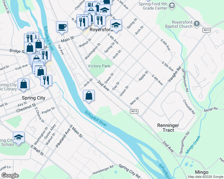 map of restaurants, bars, coffee shops, grocery stores, and more near 523 2nd Avenue in Royersford