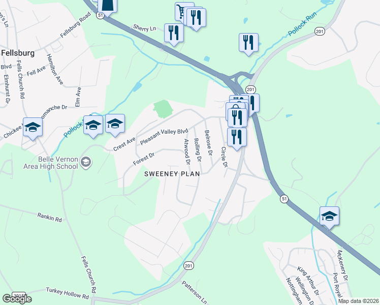 map of restaurants, bars, coffee shops, grocery stores, and more near 422 Atwood Drive in Belle Vernon