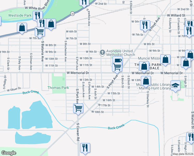 map of restaurants, bars, coffee shops, grocery stores, and more near 1418 West 13th Street in Muncie