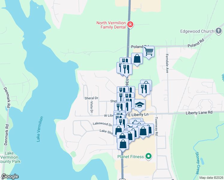 map of restaurants, bars, coffee shops, grocery stores, and more near 201-299 Oak Hill Drive in Danville