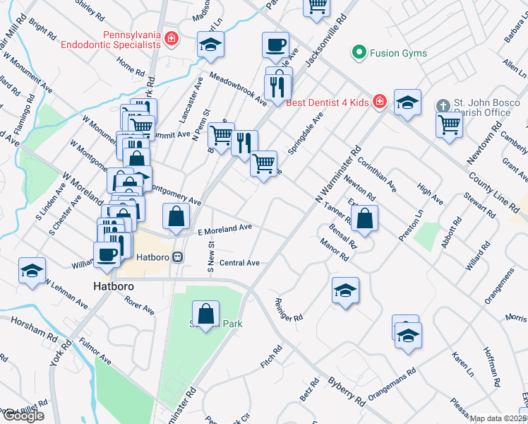 map of restaurants, bars, coffee shops, grocery stores, and more near 121 Manor Road in Hatboro