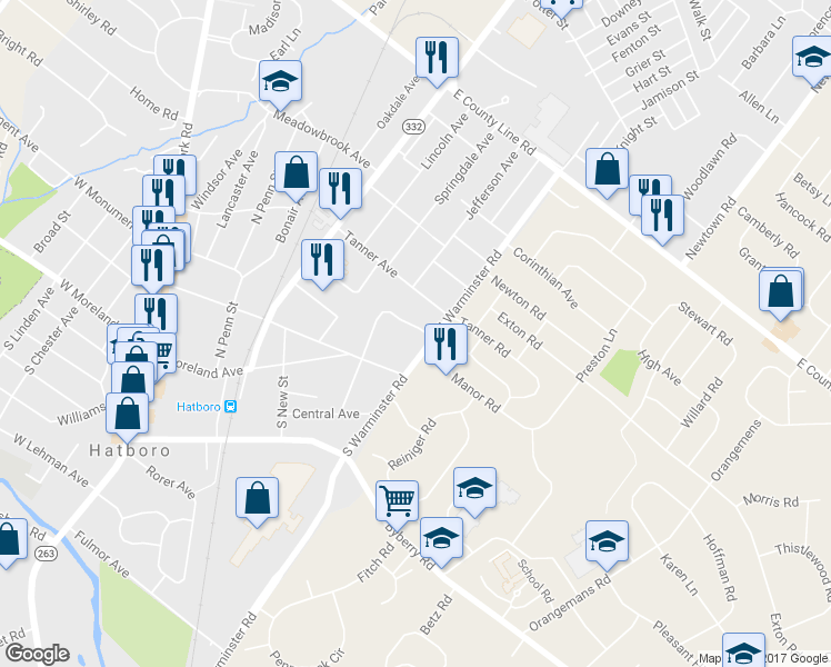 map of restaurants, bars, coffee shops, grocery stores, and more near 332 Manor Road in Hatboro