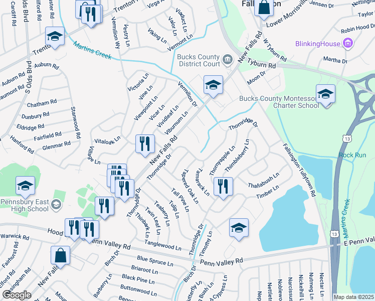 map of restaurants, bars, coffee shops, grocery stores, and more near 308 Thornridge Drive in Levittown