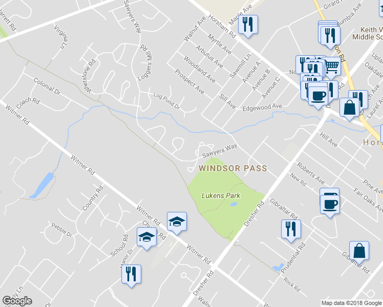 map of restaurants, bars, coffee shops, grocery stores, and more near 121 Macintosh Court in Horsham