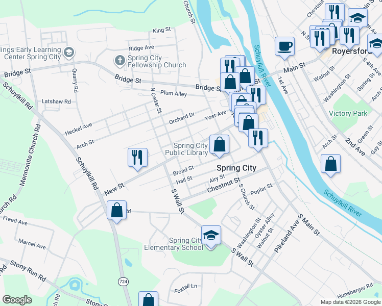 map of restaurants, bars, coffee shops, grocery stores, and more near 87 North Main Street in Spring City
