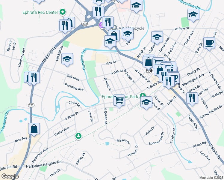 map of restaurants, bars, coffee shops, grocery stores, and more near 103 West King Street in Ephrata