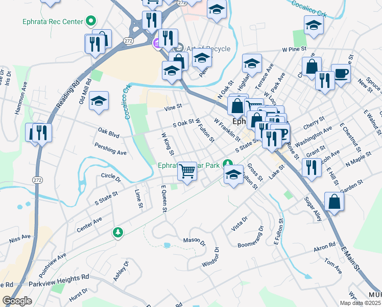 map of restaurants, bars, coffee shops, grocery stores, and more near 40 West Sunset Avenue in Ephrata