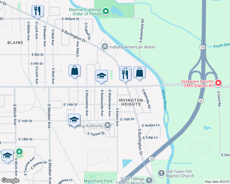 map of restaurants, bars, coffee shops, grocery stores, and more near 1913 South Eaton Avenue in Muncie