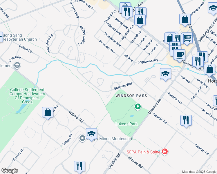 map of restaurants, bars, coffee shops, grocery stores, and more near 121 Macintosh Court in Horsham