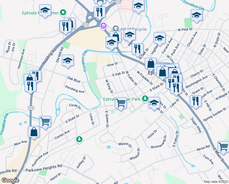 map of restaurants, bars, coffee shops, grocery stores, and more near 103 West King Street in Ephrata
