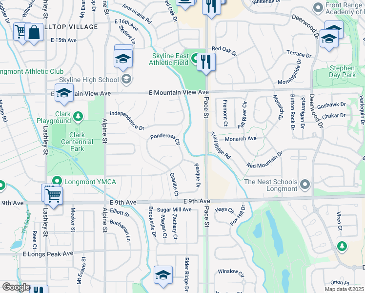 map of restaurants, bars, coffee shops, grocery stores, and more near 1073 Ponderosa Circle in Longmont