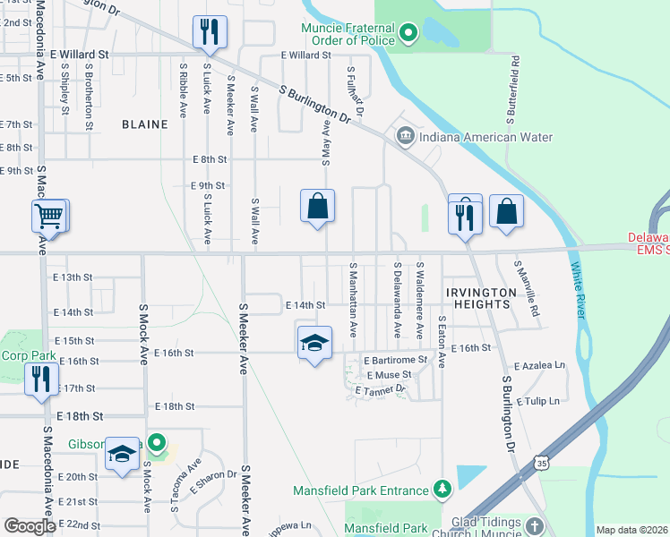 map of restaurants, bars, coffee shops, grocery stores, and more near 1913 South Manhattan Avenue in Muncie