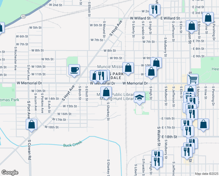 map of restaurants, bars, coffee shops, grocery stores, and more near 1924 South Gharkey Street in Muncie