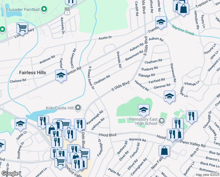 map of restaurants, bars, coffee shops, grocery stores, and more near 613 South Olds Boulevard in Fairless Hills