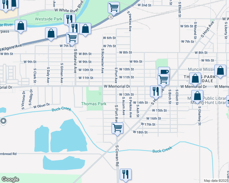 map of restaurants, bars, coffee shops, grocery stores, and more near 1700 West 13th Street in Muncie