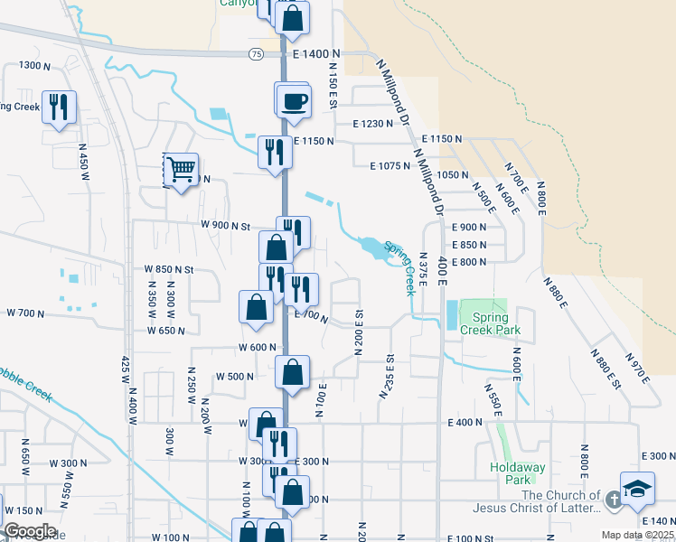 map of restaurants, bars, coffee shops, grocery stores, and more near 814 North 175 East in Springville