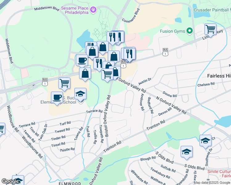 map of restaurants, bars, coffee shops, grocery stores, and more near 7 Liberty Drive in Langhorne