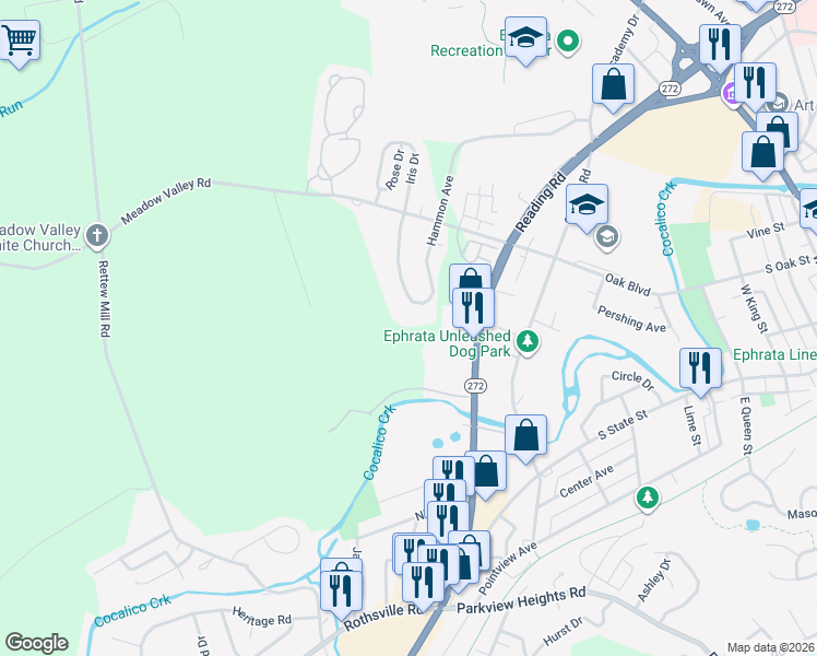 map of restaurants, bars, coffee shops, grocery stores, and more near 1190 Hammon Avenue in Ephrata