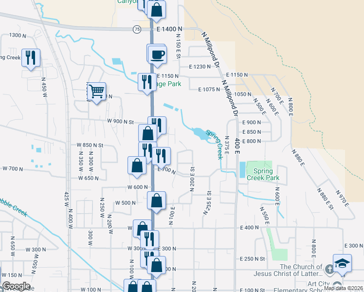 map of restaurants, bars, coffee shops, grocery stores, and more near 178 East 800 North in Springville