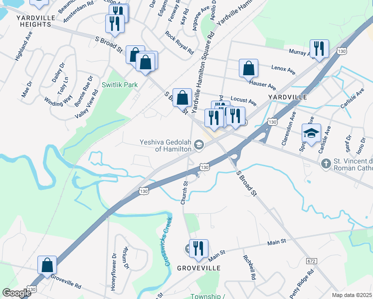 map of restaurants, bars, coffee shops, grocery stores, and more near 82 New Jersey 156 in Hamilton Township