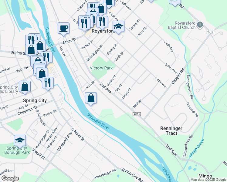 map of restaurants, bars, coffee shops, grocery stores, and more near 523 2nd Avenue in Royersford