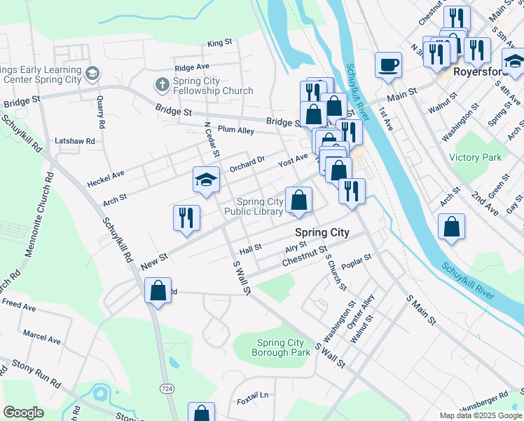 map of restaurants, bars, coffee shops, grocery stores, and more near 87 North Main Street in Spring City