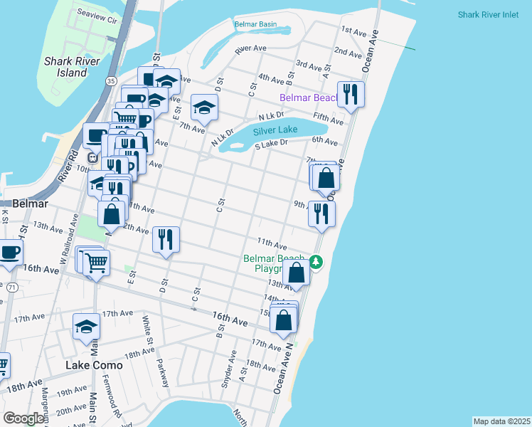 map of restaurants, bars, coffee shops, grocery stores, and more near 217 10th Avenue in Belmar