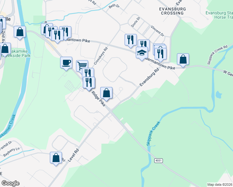 map of restaurants, bars, coffee shops, grocery stores, and more near 19 Evansburg Road in Collegeville