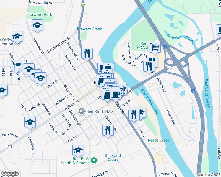 map of restaurants, bars, coffee shops, grocery stores, and more near 710 Main Street in Red Bluff
